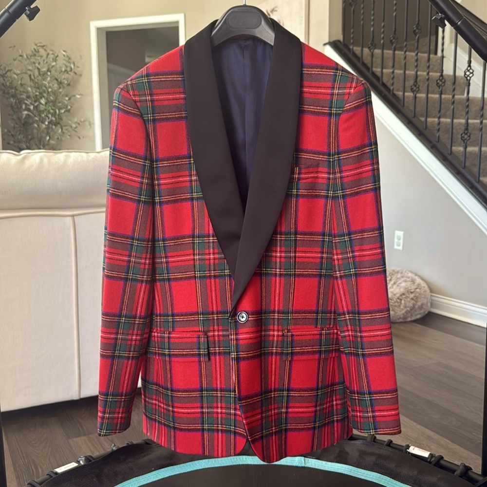 J. Crew Red Plaid Ludlow Shawl Jacket with Satin Lapel